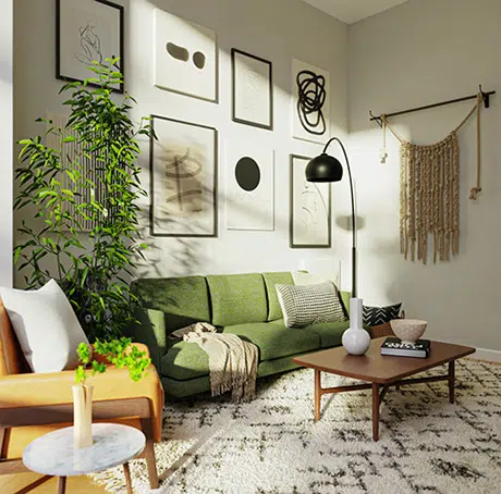 Salon contemporain avec canapé vert et table basse en bois