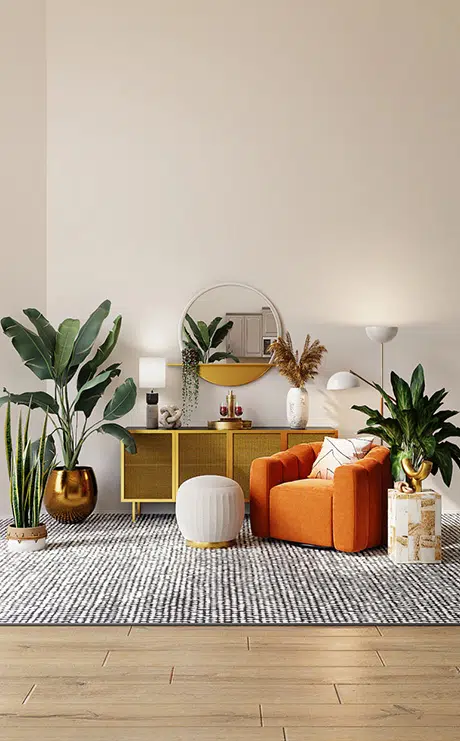 Enfilade en bois avec miroir rond et fauteuil orange